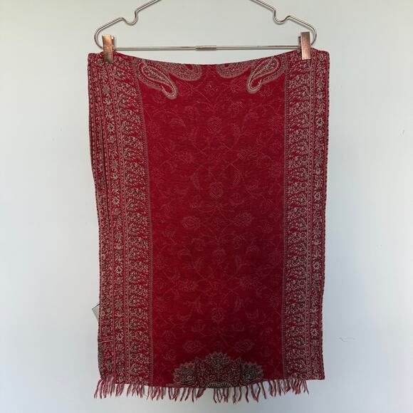 Pottery Barn 100% Wool Table Runner 18x108" Red Floral Paisley Fringe Home - Picture 1 of 9